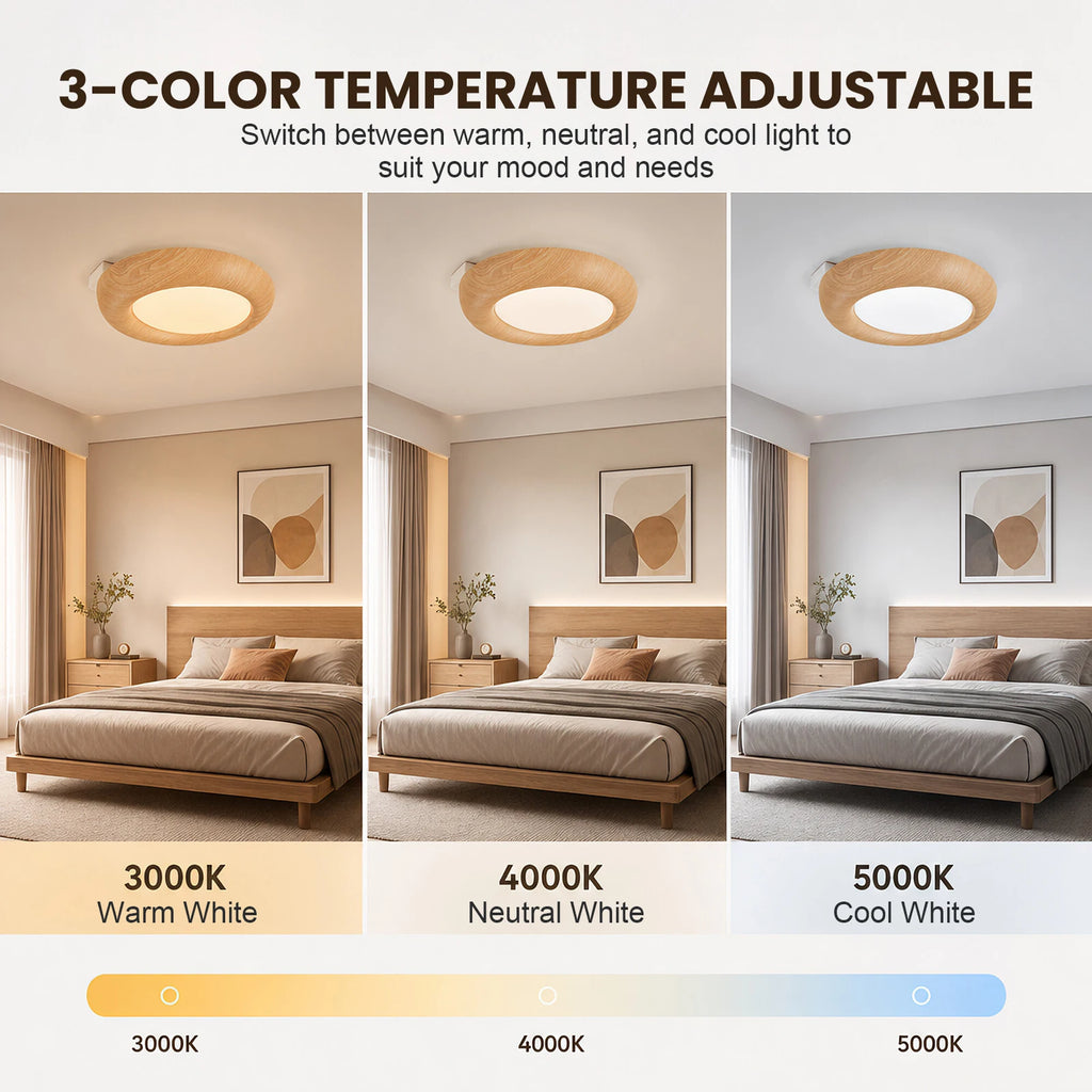 Plafonnier LED rond effet bois Ø 38 cm, 24 W, trois teintes réglables