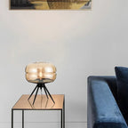 Lampe à poser en verre fumé ou cognac sur piétement noir, 37 cm