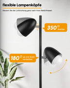 Lampadaire noir à deux têtes orientables, 163 cm, ampoules fournies