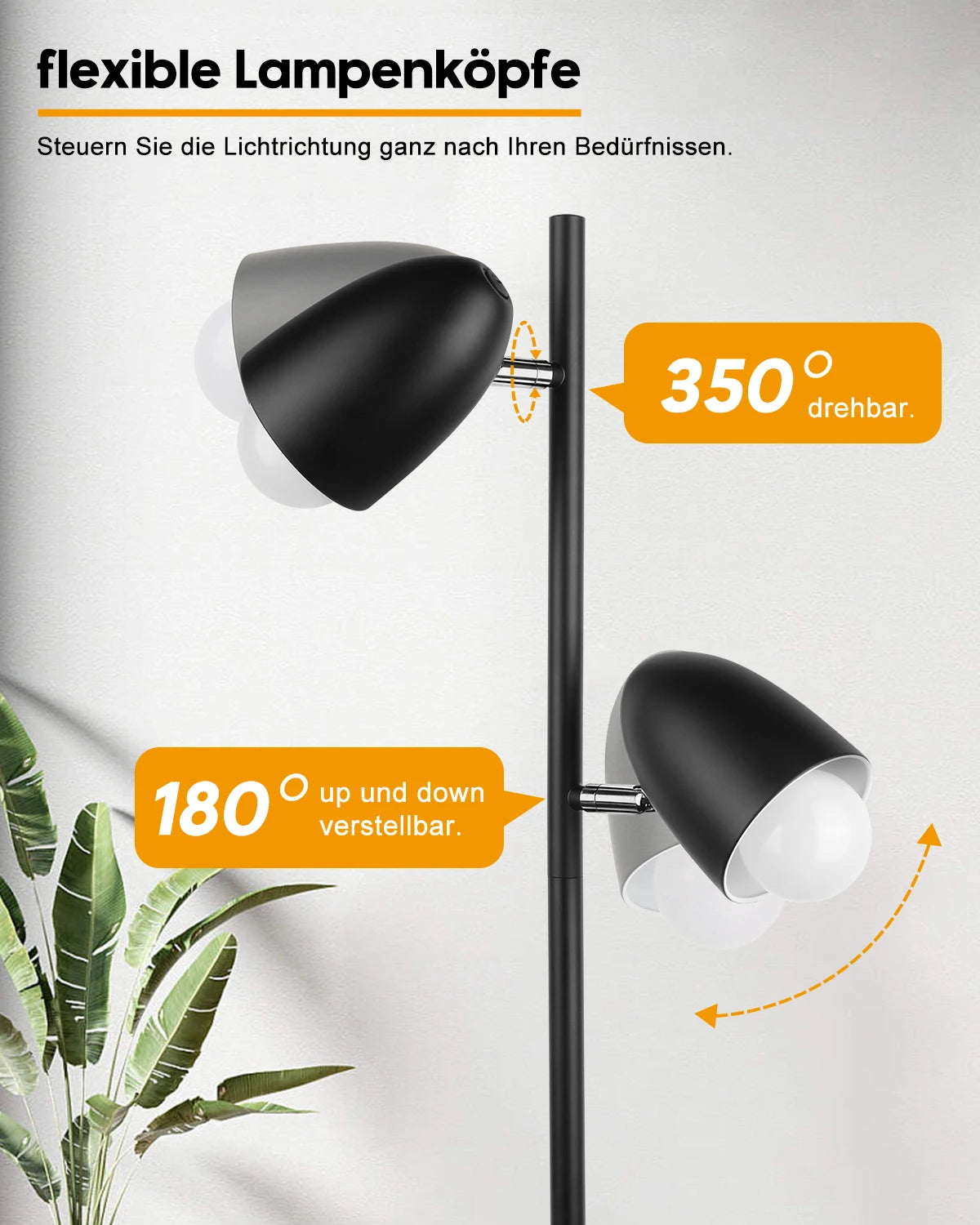 Lampadaire noir à deux têtes orientables, 163 cm, ampoules fournies
