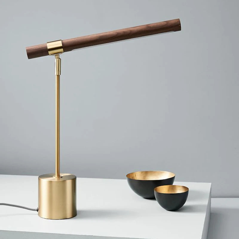 Lampe de bureau LED à barre lumineuse en bois et métal doré