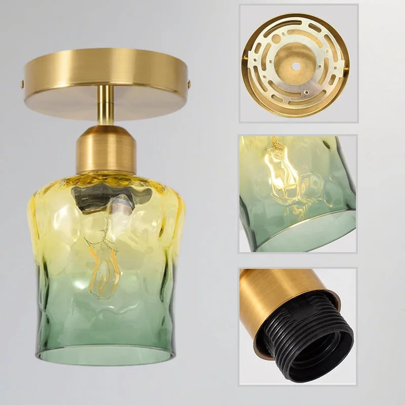 Plafonnier en verre martelé dégradé vert et ambre, embase laiton