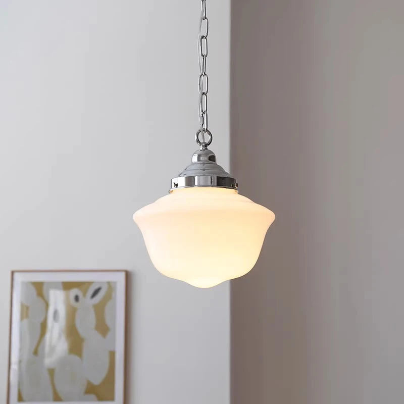 Plafonnier vintage en verre opalin école, monture chromée Ø 25 cm
