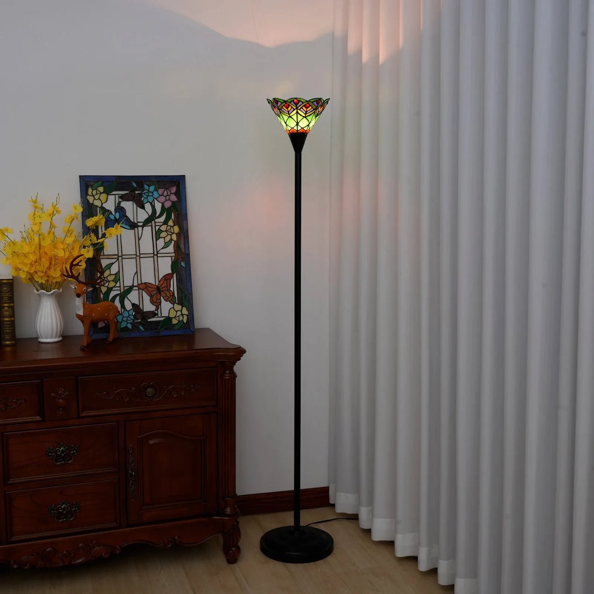 Lampadaire torchère en vitrail, vasque Ø 20 cm et pied noir 155 cm