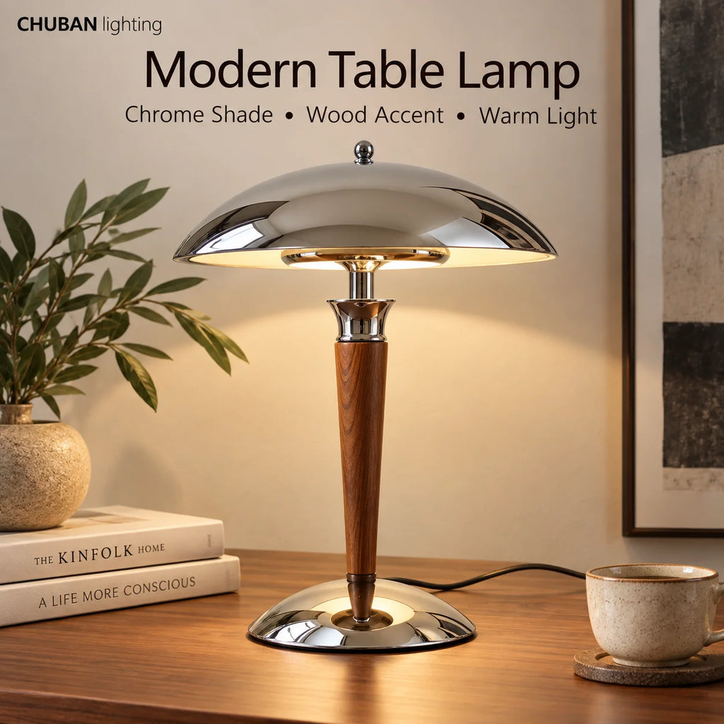 Lampe de bureau champignon chromée, fût en bois et douille E14