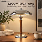 Lampe de bureau champignon chromée, fût en bois et douille E14