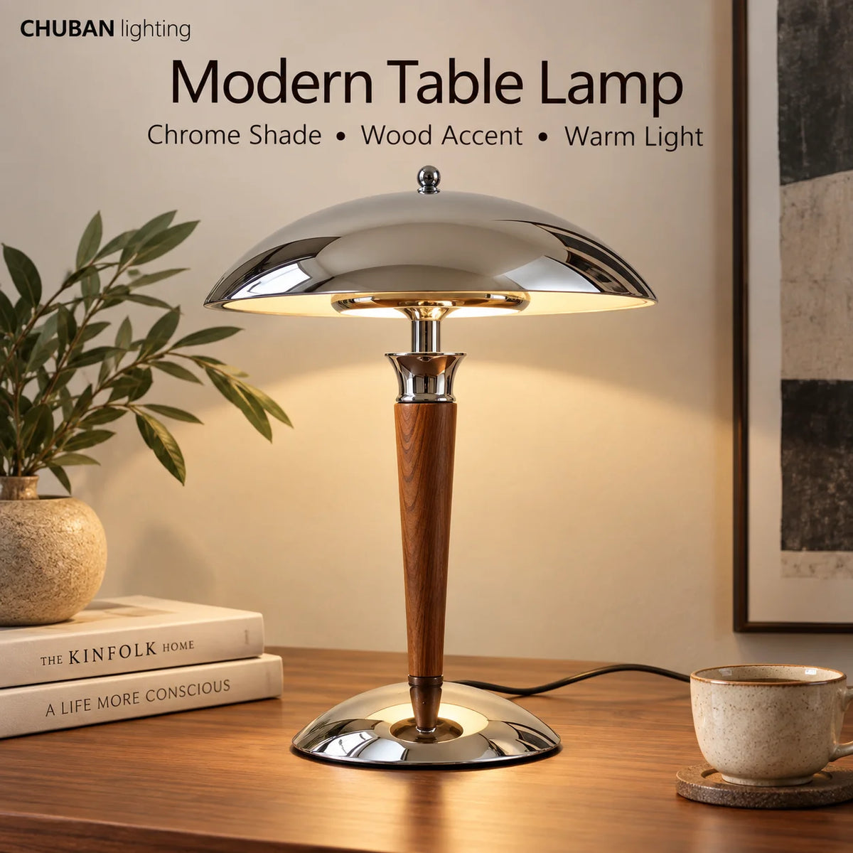 Lampe de bureau champignon chromée, fût en bois et douille E14