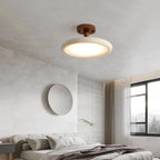 Plafonnier en travertin et bois sur tige, Ø 30 ou 40 cm, LED chaude