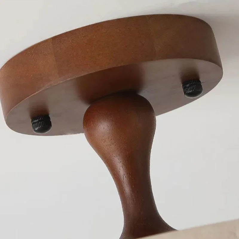 Plafonnier en travertin et bois sur tige, Ø 30 ou 40 cm, LED chaude