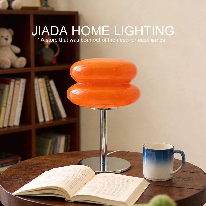 Lampe de table macaron en double verre sur pied chromé, 30 cm