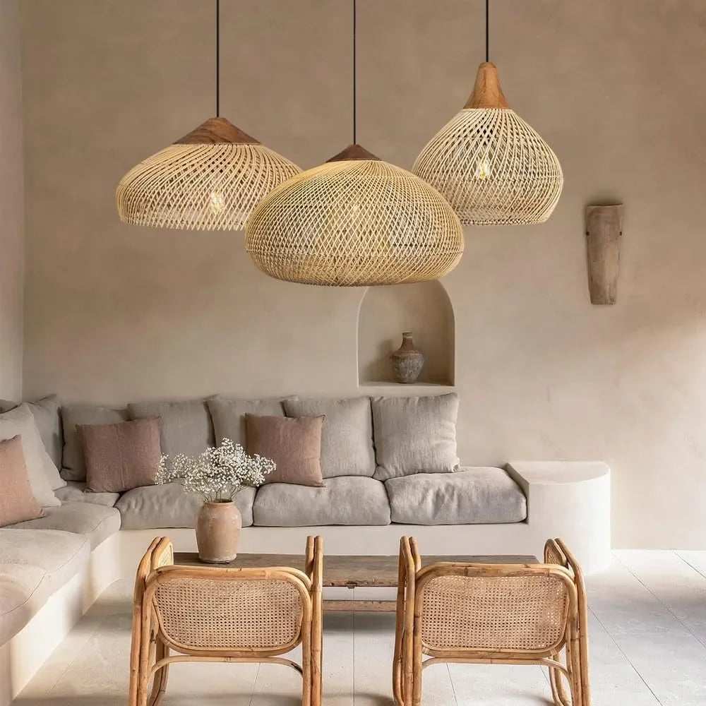 Suspension coupole en rotin à chapeau de bois foncé, Ø 40 ou 60 cm