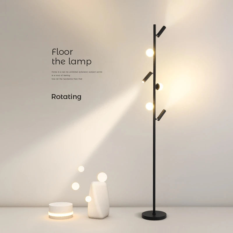 Lampadaire noir à trois boules et trois spots orientables, 158 cm