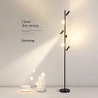 Lampadaire noir à trois boules et trois spots orientables, 158 cm