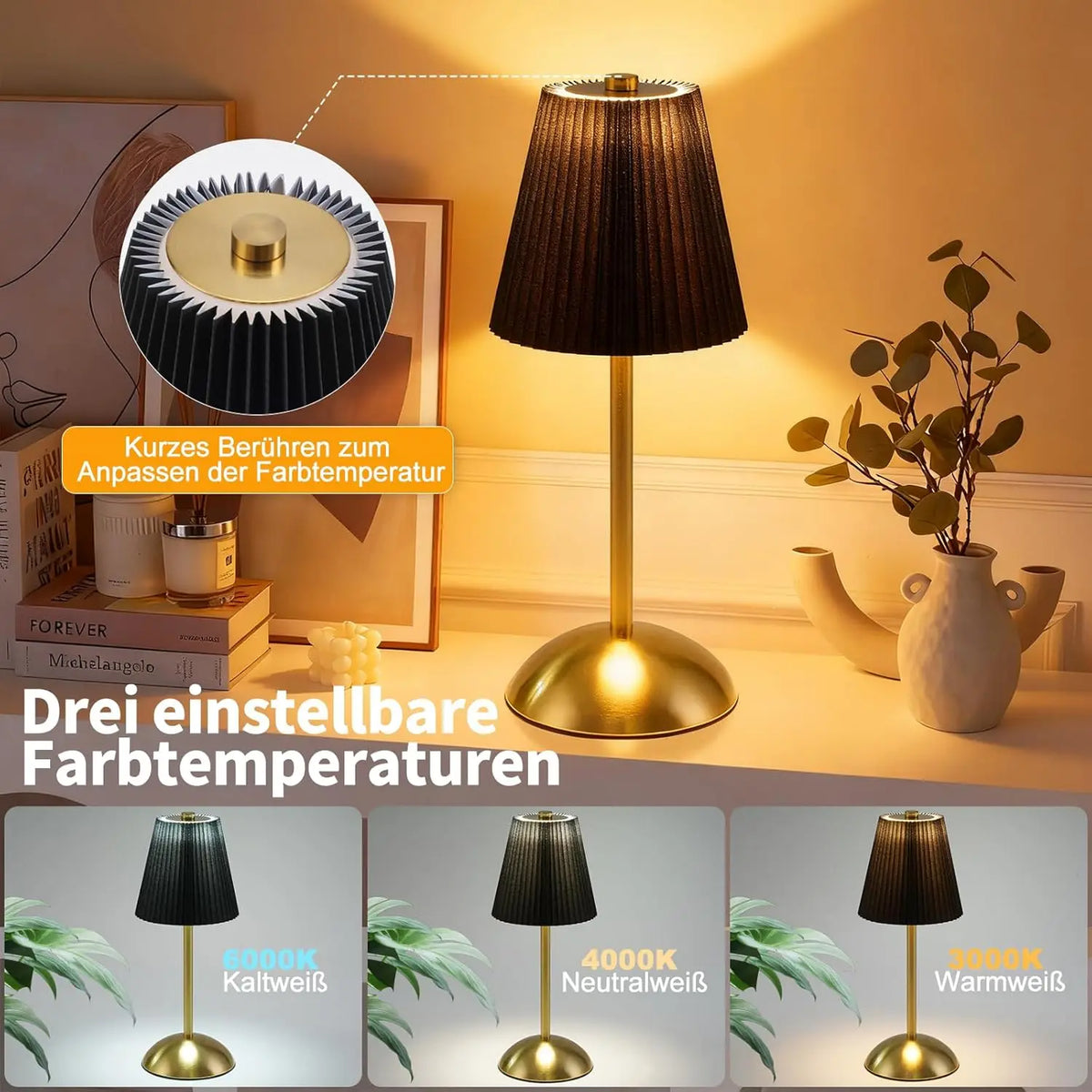 Lot de 2 lampes de table sans fil, abat-jour plissé et pied doré