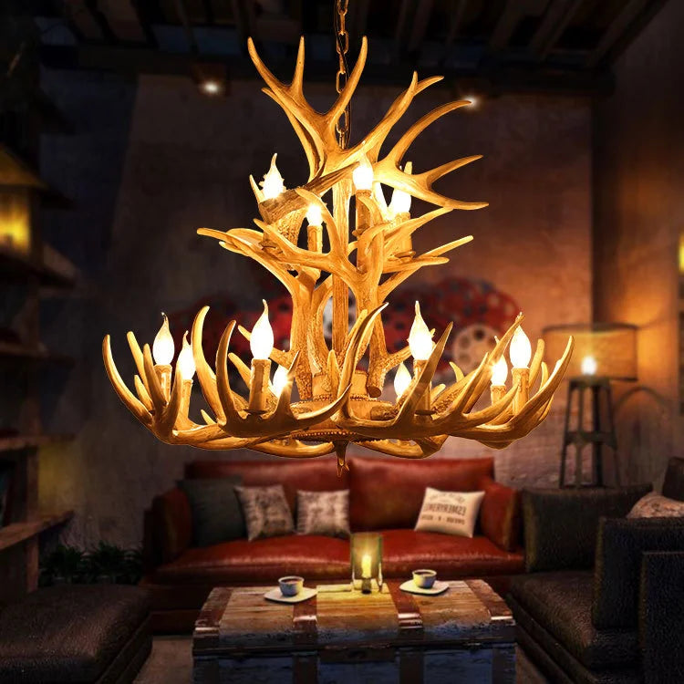 Lustre bois de cerf en résine, 4 à 9 chandelles E14, esprit chalet