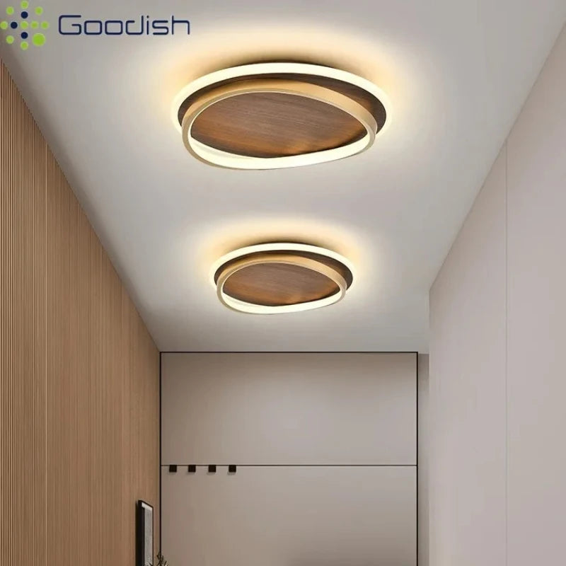 Plafonnier LED anneaux dorés et disque effet noyer, Ø 37 à 57 cm