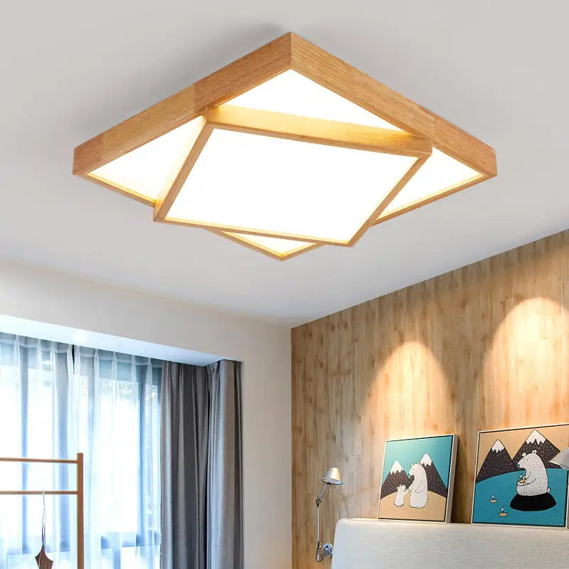 Plafonnier LED carré en bois à cadres superposés, avec télécommande