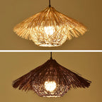 Lustre chapeau de paille sur nid en bambou, beige ou marron