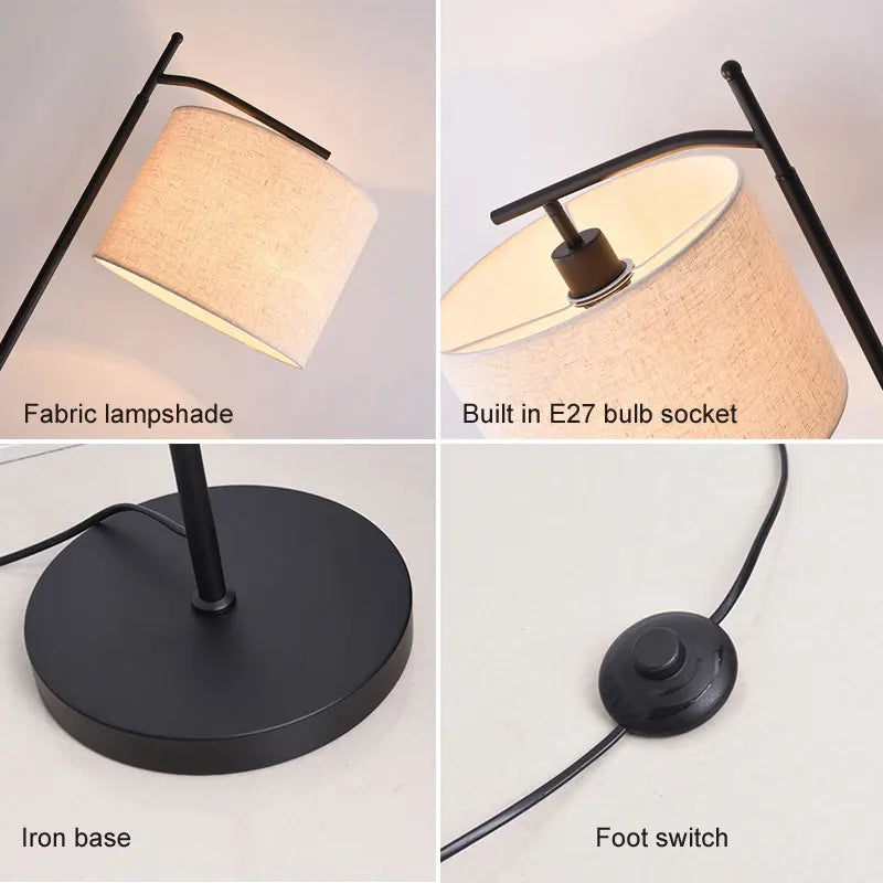 Lampadaire à potence noir, abat-jour en tissu ou en rotin tressé