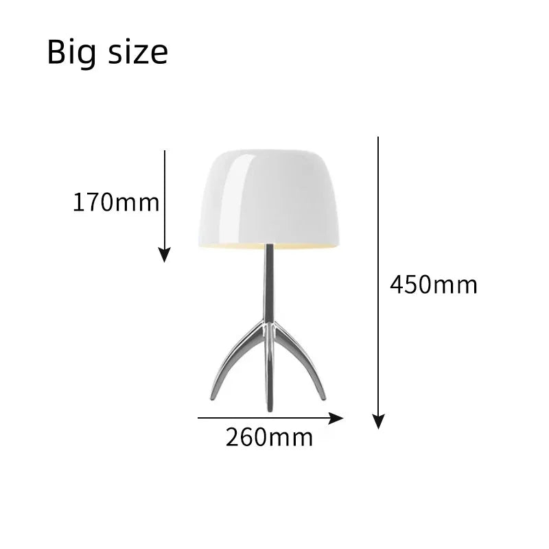 Lampe à poser dôme de verre sur trépied chromé ou doré, 2 tailles