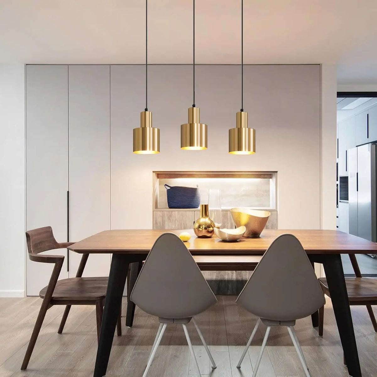 Suspension dorée 3 lampes sur barre de 65 cm, abat-jour cylindre E27
