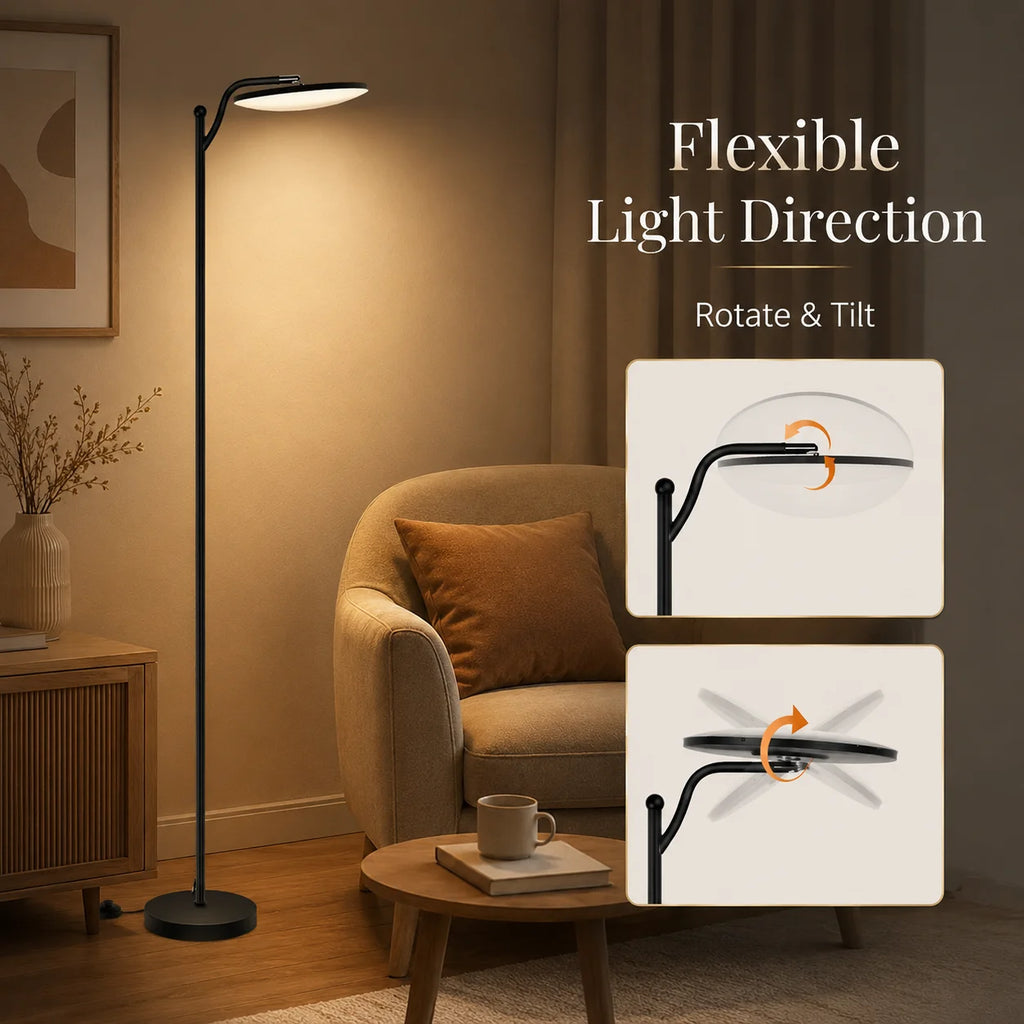 Lampadaire LED à tête disque inclinable, télécommande et pédale