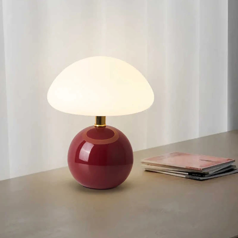 Lampe champignon en céramique brillante, chapeau opalin, 22 cm