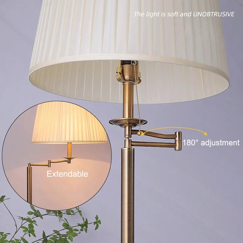 Lampadaire liseuse rétro bronze à bras pivotant, abat-jour plissé