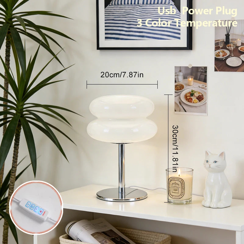 Lampe de table macaron en double verre sur pied chromé, 30 cm