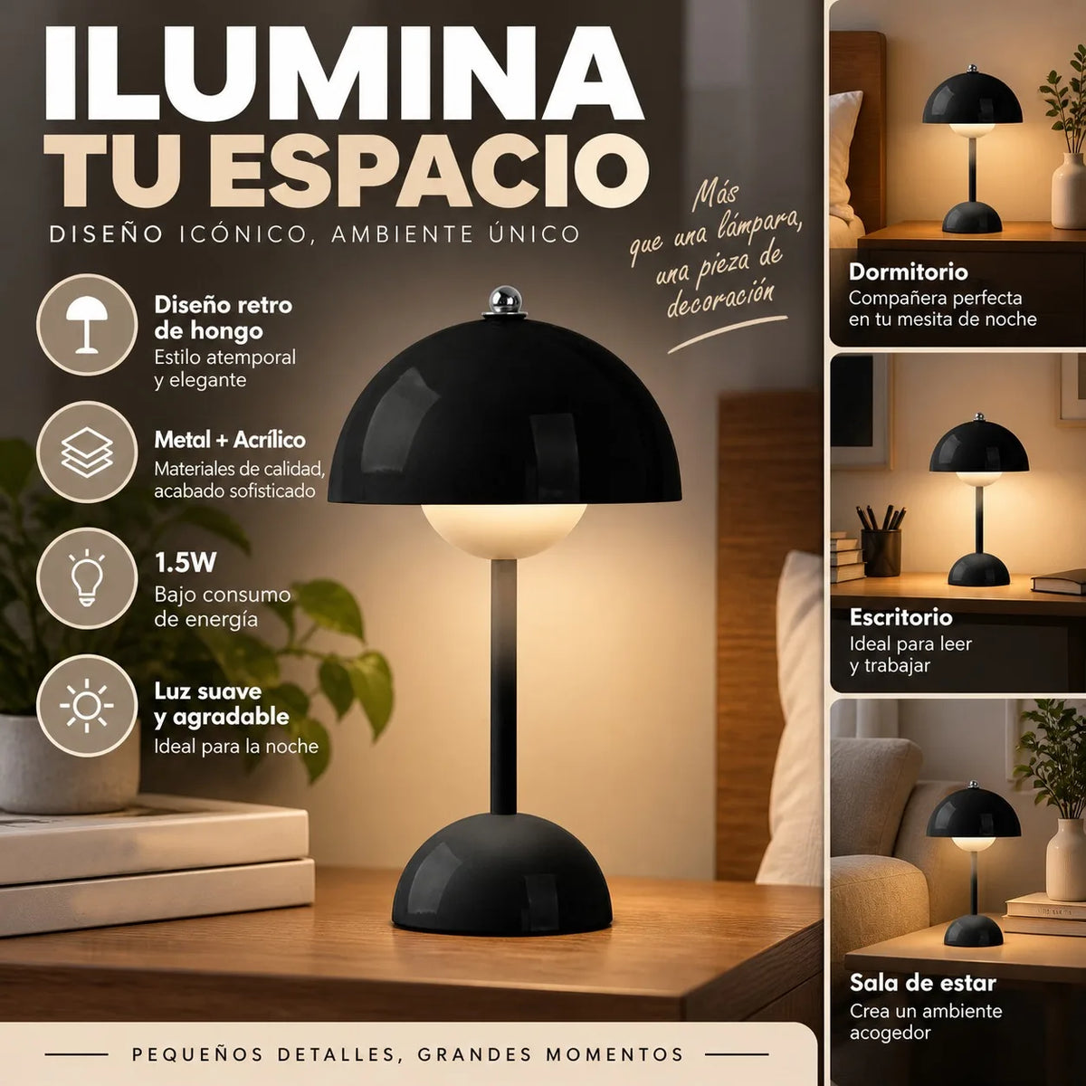 Lampe de table sans fil champignon laquée, 30 cm, rétro