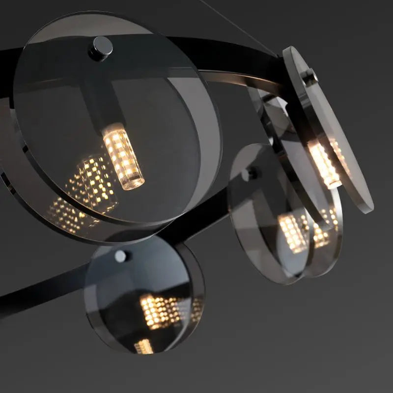 Lustre noir à disques de verre fumé, barre ou couronne LED