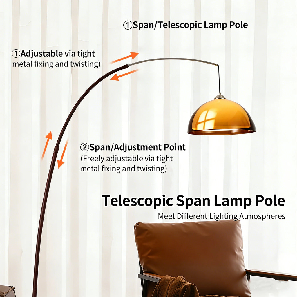 Lampadaire arc vintage à dôme orange en acrylique, 165 cm