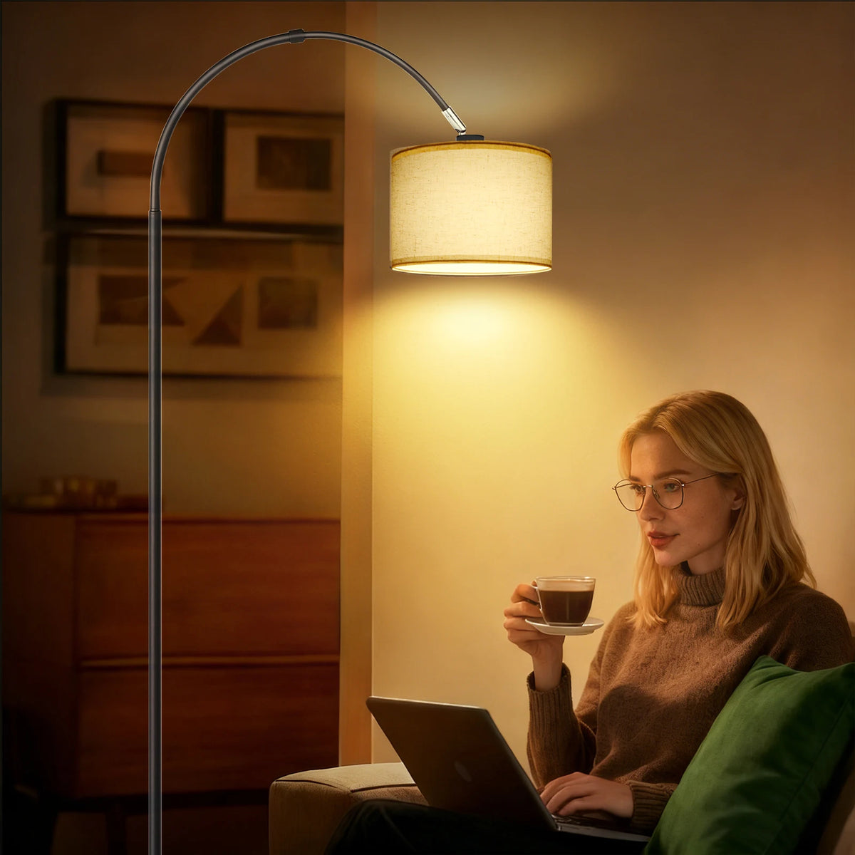 Lampadaire arc noir à abat-jour en lin beige, 170 cm, E27