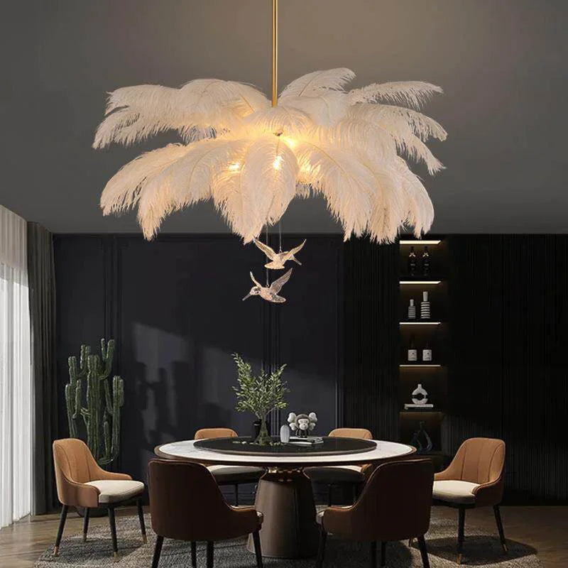 Lustre plumes d'autruche bleu, rose ou blanc sur chaîne, Ø 60-100 cm
