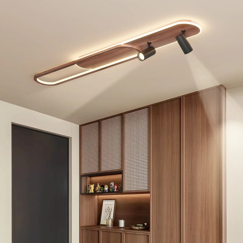 Plafonnier LED long finition noyer avec spots orientables, 60 à 120 cm