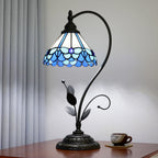 Lampe Tiffany col de cygne en vitrail et métal ouvragé, 50 cm