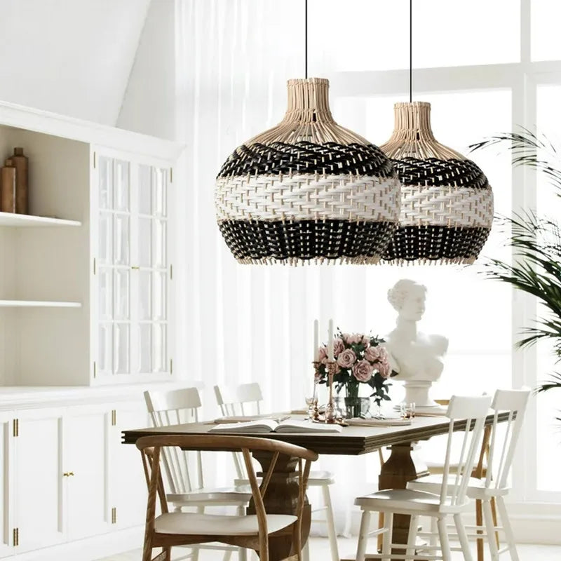 Suspension en rotin bicolore à chevrons, douze coloris, Ø 30 à 60 cm