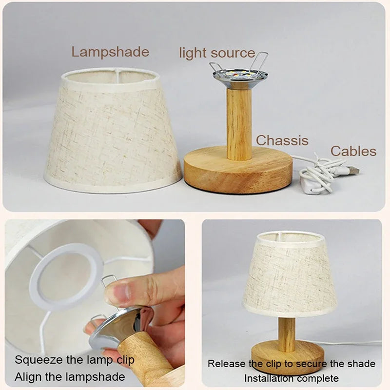 Lampe de chevet mini, abat-jour effet lin et pied en bois, 20 cm