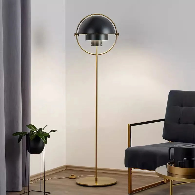 Lampadaire à double dôme orientable en métal, doré ou chromé