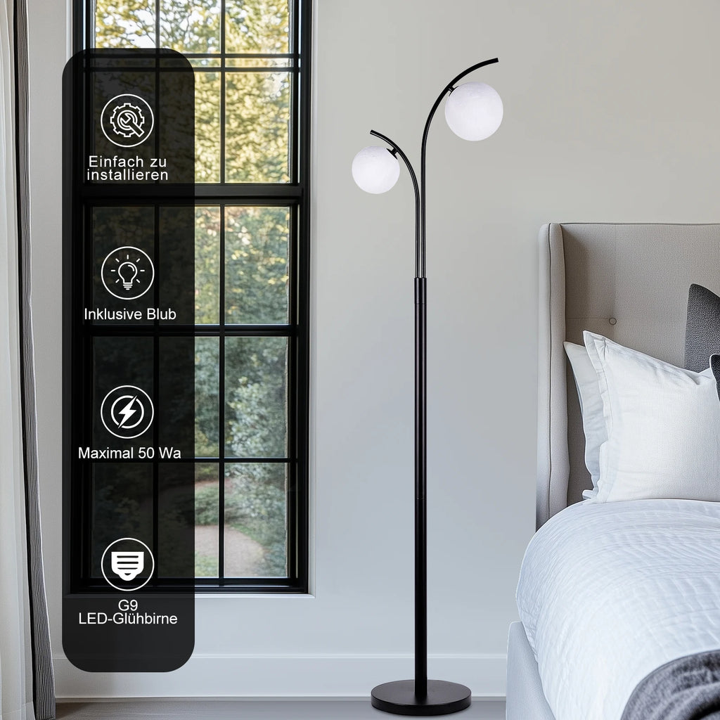 Lampadaire noir à deux globes en verre opalin, 160 cm, LED G9