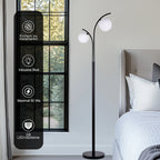 Lampadaire noir à deux globes en verre opalin, 160 cm, LED G9