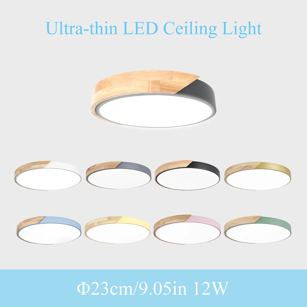 Petit plafonnier LED rond 23 cm, bois et métal coloré, huit coloris
