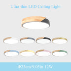 Petit plafonnier LED rond 23 cm, bois et métal coloré, huit coloris