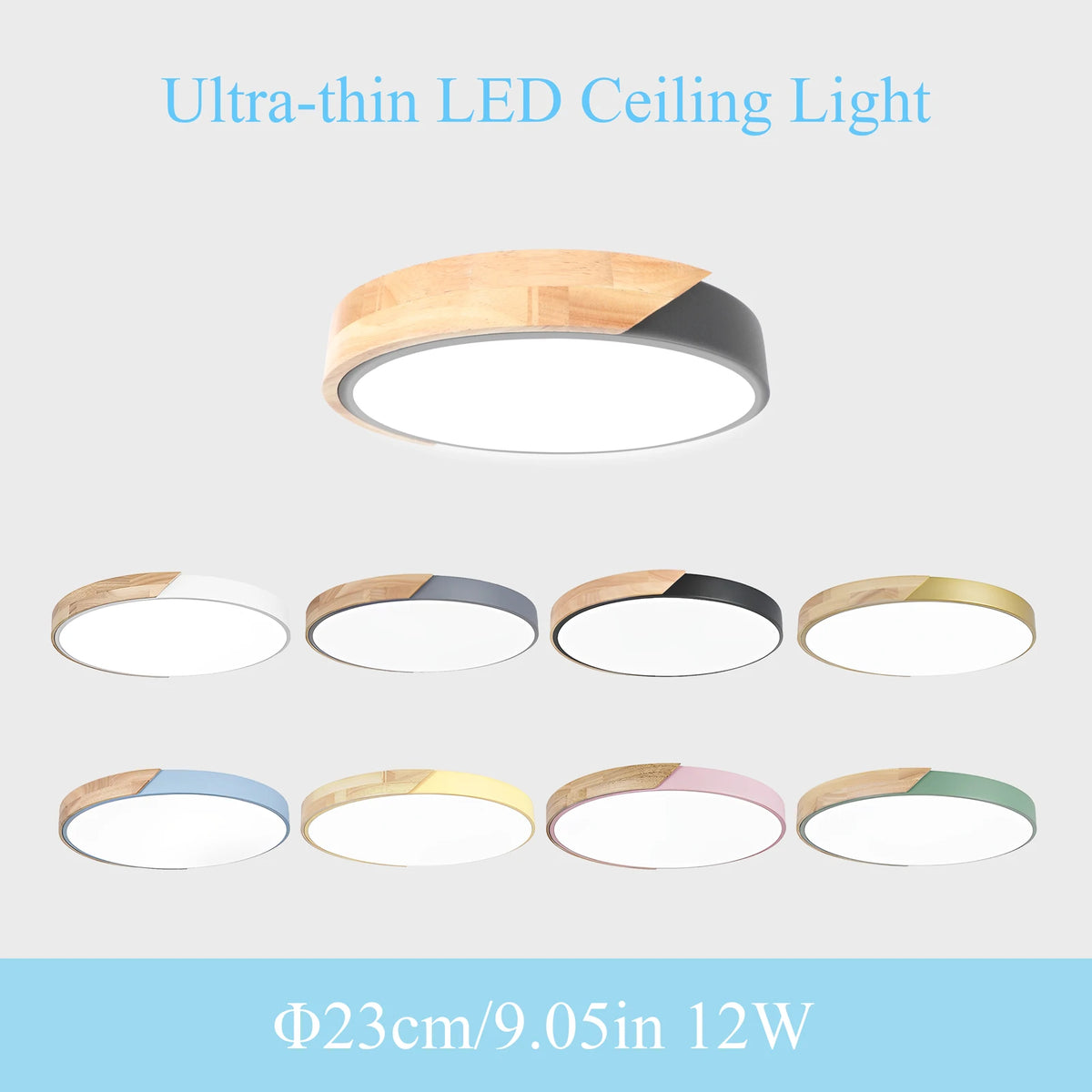 Petit plafonnier LED rond 23 cm, bois et métal coloré, huit coloris