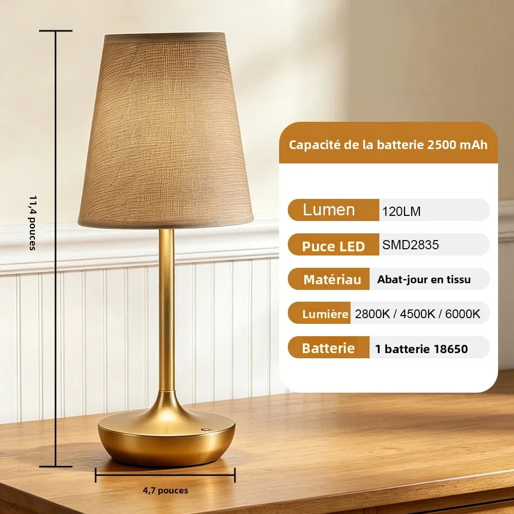 Lampe de table sans fil classique, abat-jour en tissu et 2 500 mAh
