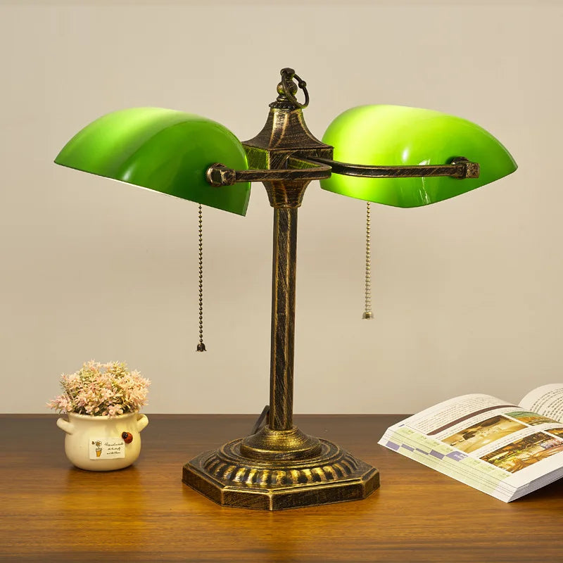Lampe de banquier vintage double, abat-jour en verre vert, 2 E27