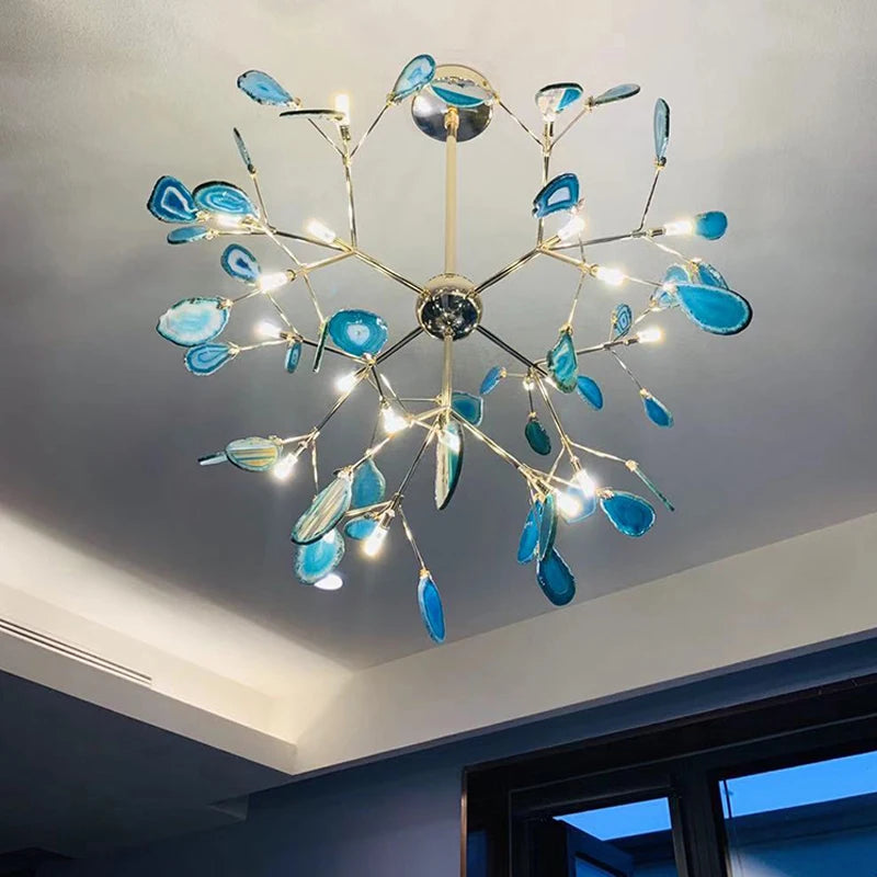 Lustre luciole en métal doré et tranches d'agate colorées, 15 modèles