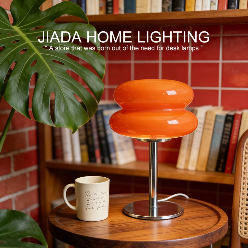 Lampe de table macaron en double verre sur pied chromé, 30 cm