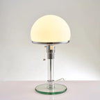 Lampe Bauhaus en verre opalin et chrome, tirette, Ø 18 x H 36 cm