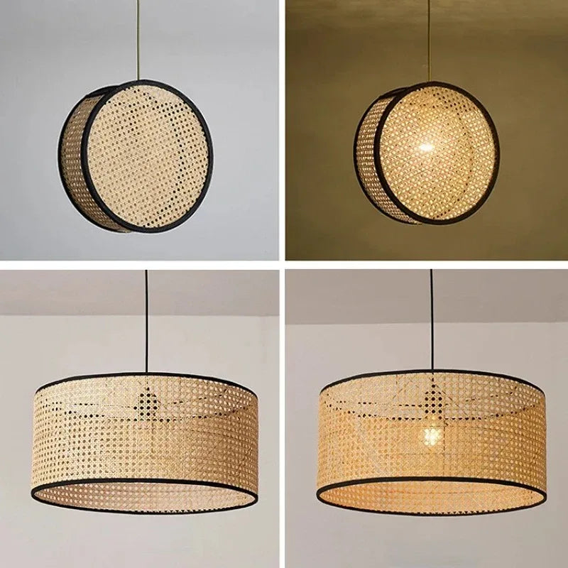 Suspension en cannage de rotin cerclé de noir, tambour ou disque